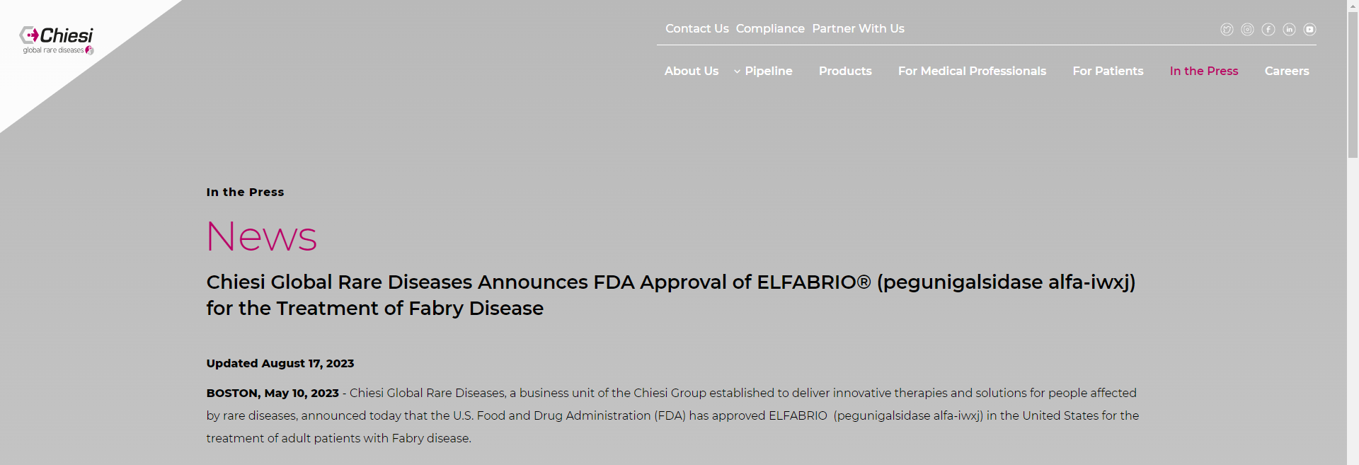 Chiesi Global Rare Diseases Announces FDA Approval of ELFABRIO® (pegunigalsidase alfa-iwxj) for the Treatment of Fabry Disease